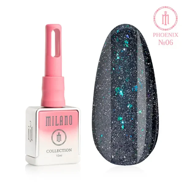 "Гель-лак Milano Phoenix Collection №06: білий флакон об'ємом 10 мл з рожевим градієнтом та демонстрація глибокого темно-синього (майже чорного) відтінку з густим сріблястим мікрошимером та яскравими бірюзово-синіми пластівцями, що створюють ефект космічного сяйва на великій палітрі-краплі."